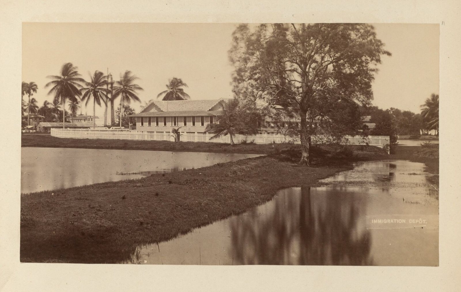 The immigration depot at Georgetown around 1890: a long white timber public building behind a picket fence and palms, reflected in a still trench