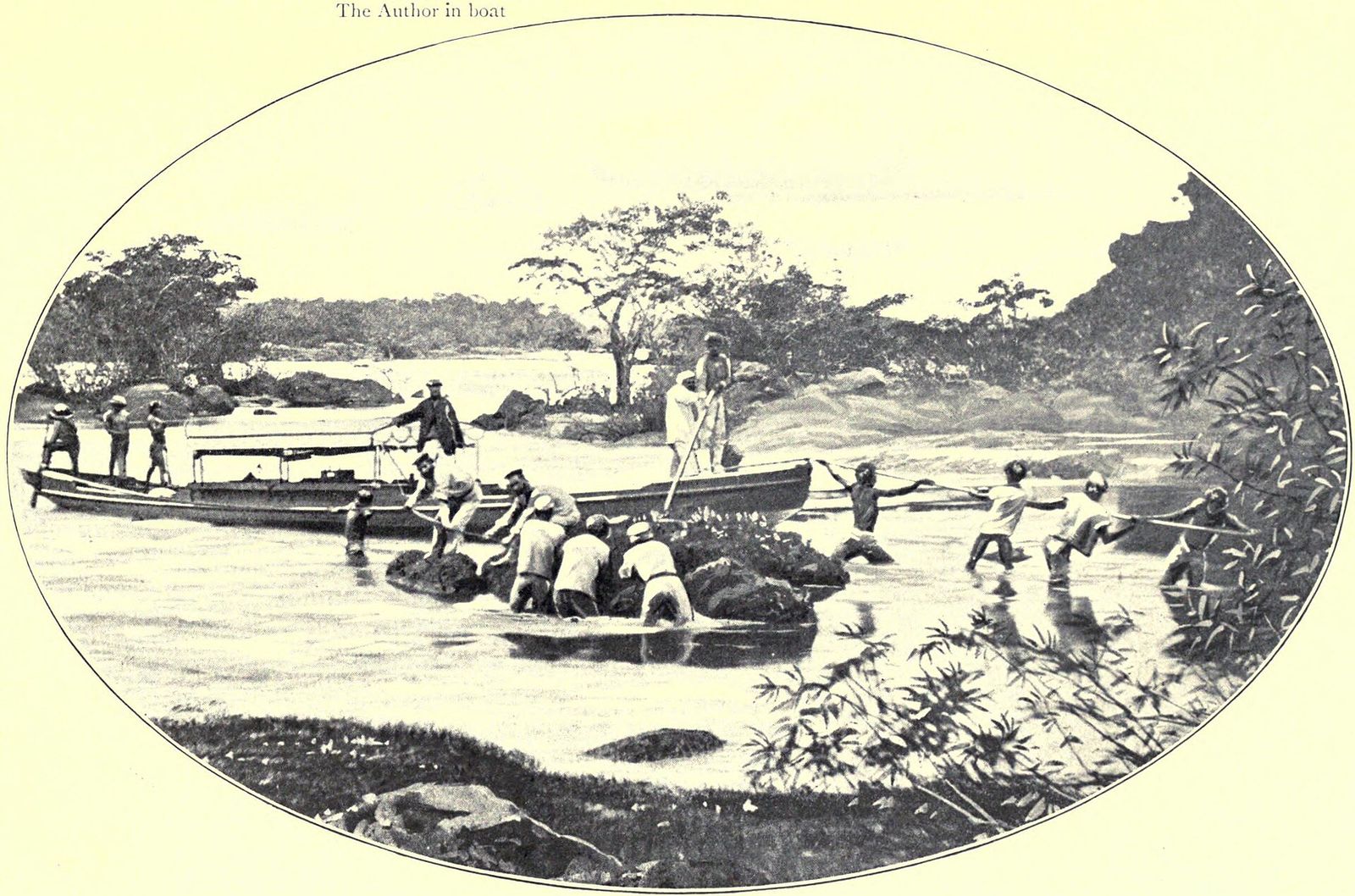 A crew hauling a launch up a rocky rapid on the Essequibo River, forest on both banks, from a book published in 1903