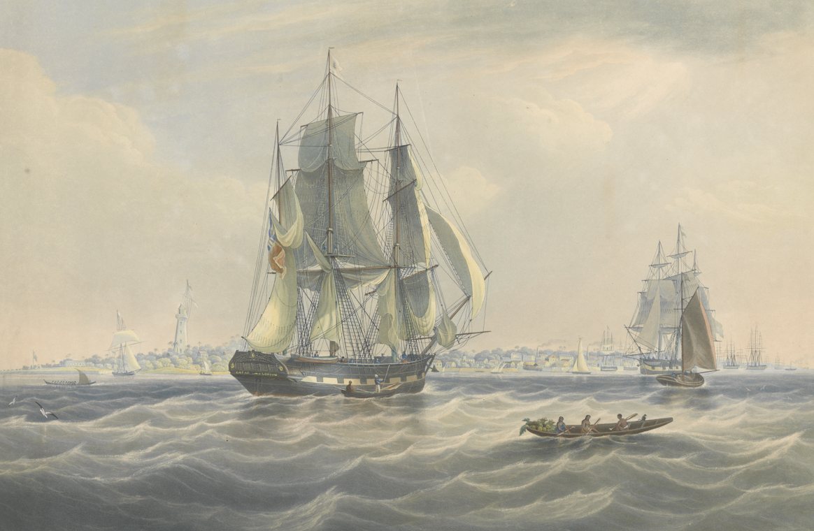 Hand-coloured aquatint of the barque Caesar under sail entering Georgetown harbour in September 1839, with the low waterfront and lighthouse of Demerara behind